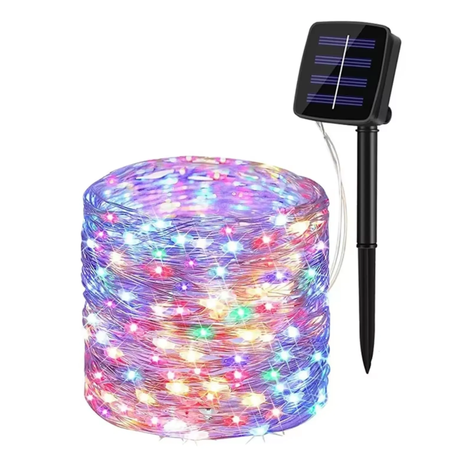 A 32M multi-color solar hanging light string coiled beside its stake-mounted solar panel