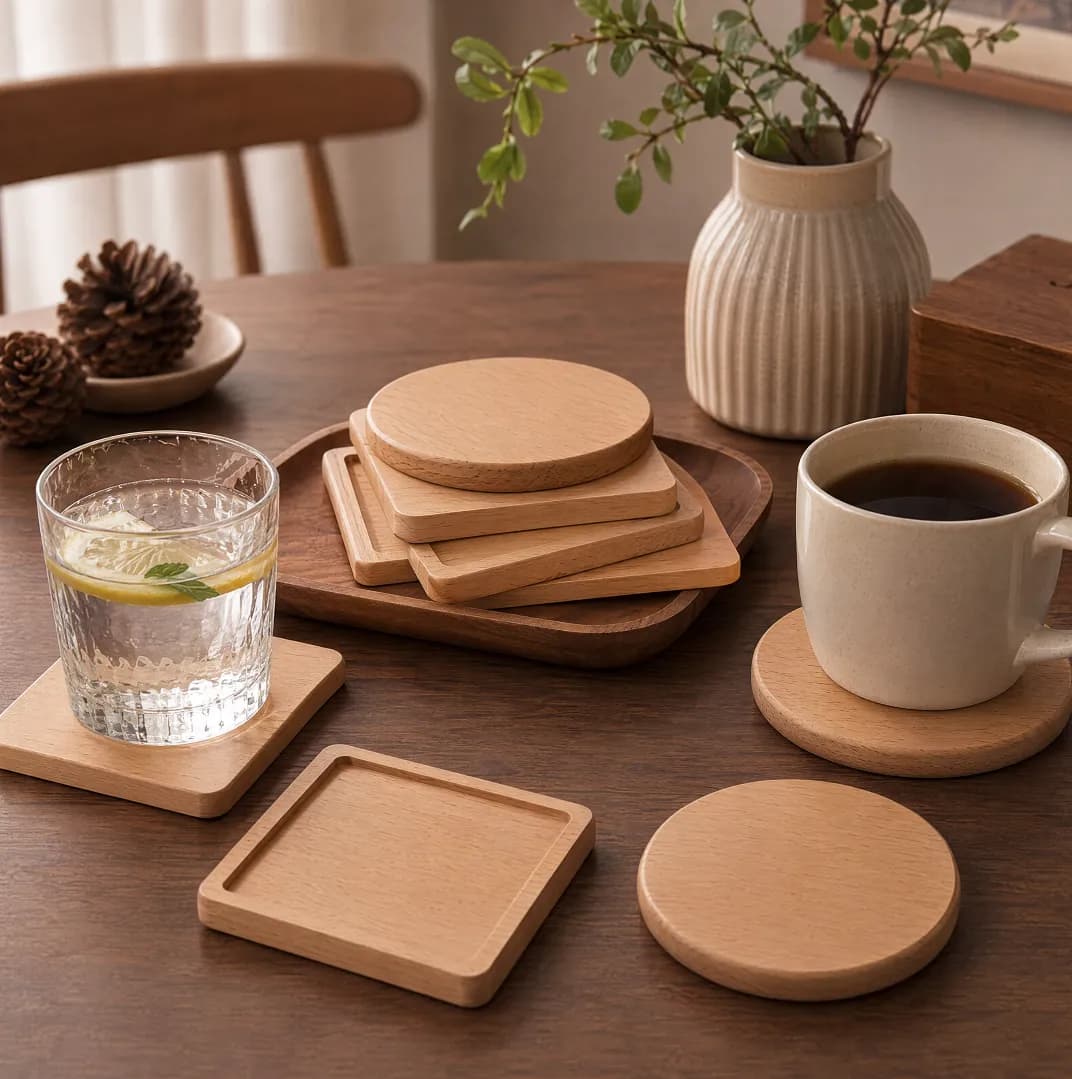 Beech wooden coasters stacked on a serving tray beside a coffee cup