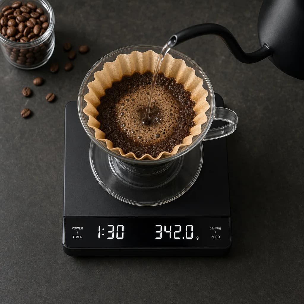 The Advanced kitchen scale timing a pour-over brew on its touch display