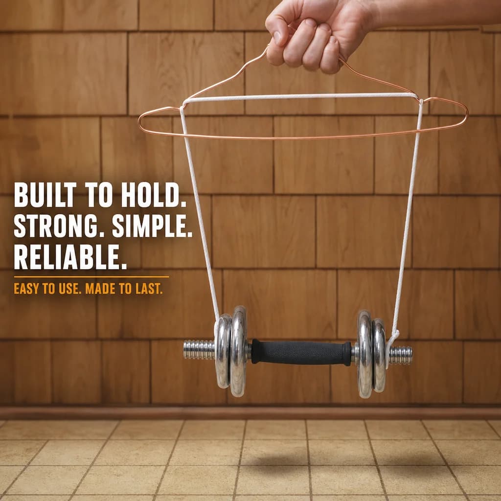 Metal clothing hanger holding a 13.5 lb dumbbell — its limit before bending