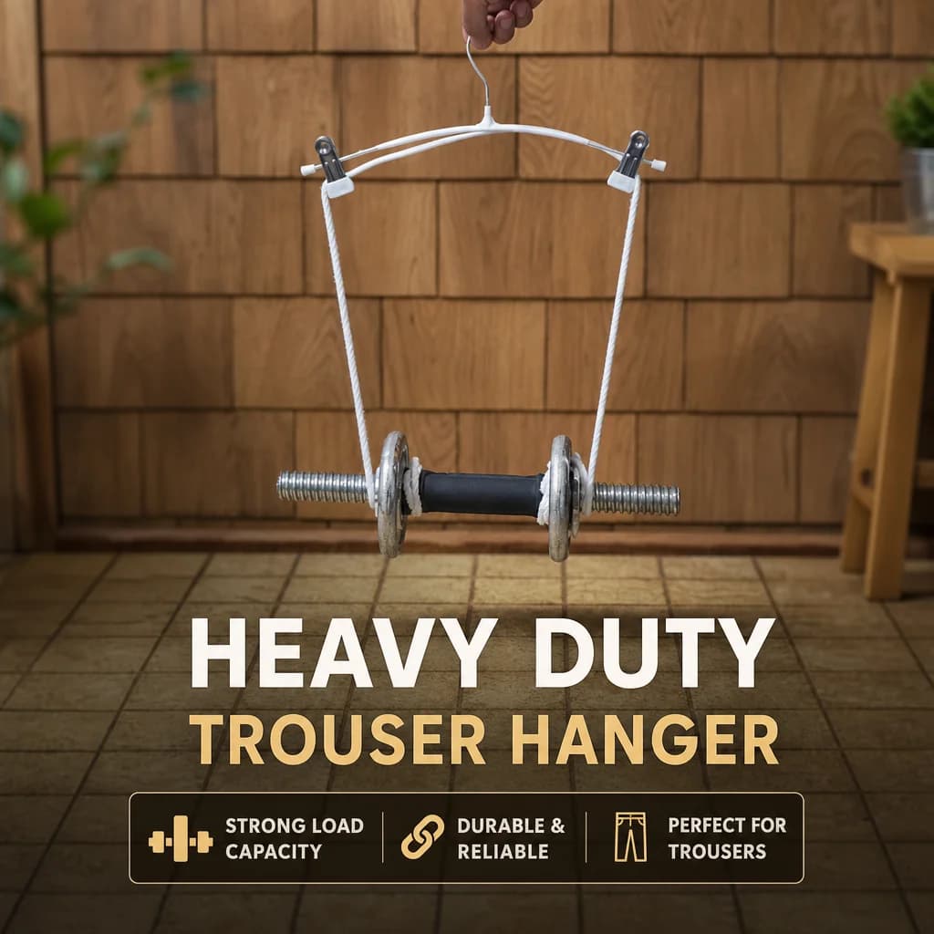 Clipped clothing hanger holding an 8.5 lb dumbbell — its limit before bending